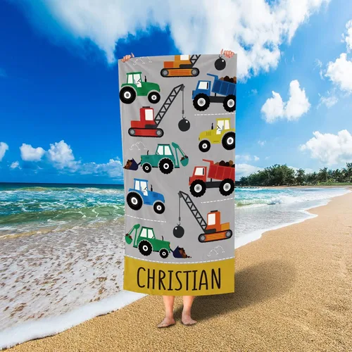 Toalla de playa personalizada para niños, toalla de automóvil de construcción de secado rápido para niño con nombre personalizado, perfecta para la