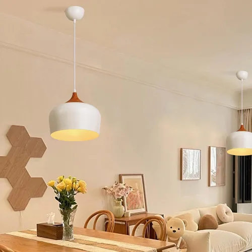 Miniatura 5 de SUNLLOK Lámpara colgante blanca moderna, con patrón de madera, cúpula minimalista hacia abajo, lámpara colgante de techo, lámpara industrial