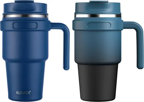 Miniatura 31 de Taza/vaso de café aislado de 20 onzas con asa, vaso de viaje de acero inoxidable con tapa y popote, vaso de doble pared con aislamiento al vacío a