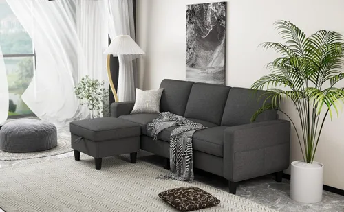 Miniatura 4 de ZeeFu Sofá para sala de estar – Sofá seccional en forma de L de lino beige de 78 pulgadas con otomana de almacenamiento – Moderno sofá tapizado