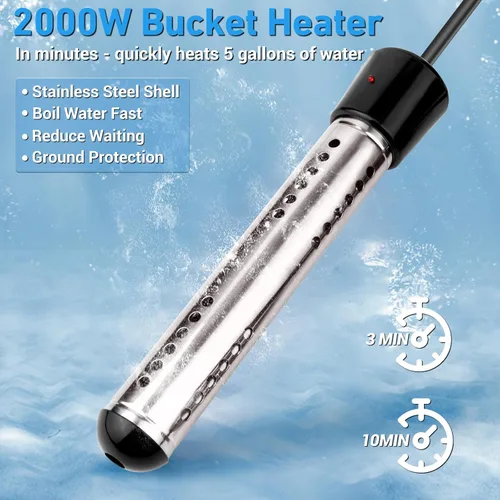 Miniatura 2 de Calentador de Agua de Inmersión Eléctrico, Calentador de Agua Caliente Portátil de 2000W con Protector de Acero Inoxidable 304 y Termómetro LCD