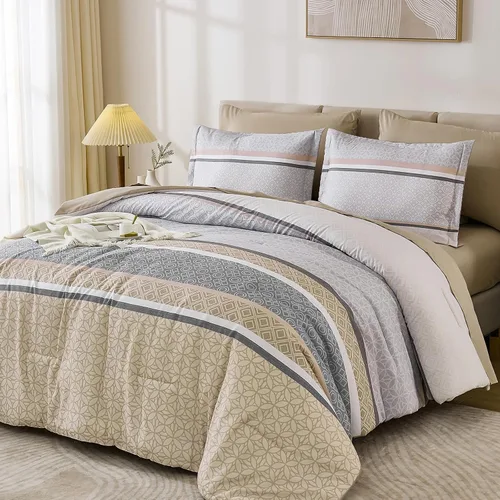 Miniatura 3 de WONGS BEDDING Juego de edredón Beige tamaño Queen, juego de 7 piezas de edredón y sábanas con tiras en una bolsa, juego de ropa de cama