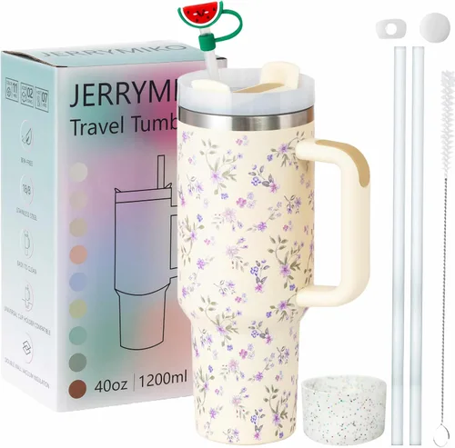 Vaso de 40 onzas con asa y tapa con popote, Vasos aislados de acero inoxidable de pared doble con sello al vacío, Taza de viaje para bebidas frías y