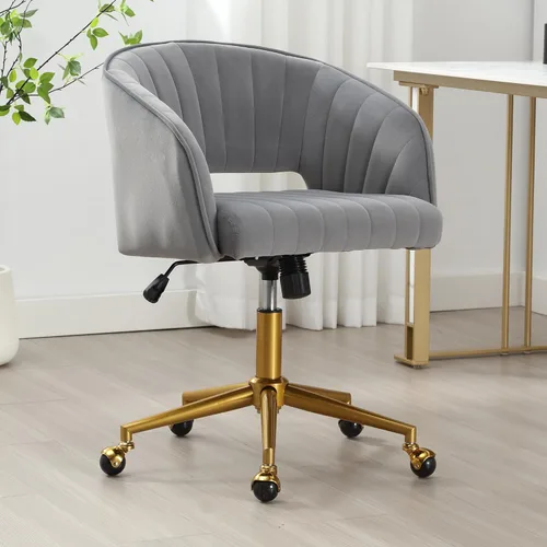 Miniatura 17 de ABET Silla de escritorio con ruedas, silla de terciopelo para oficina en casa, sillón giratorio con base dorada, sillas decorativas modernas Crema