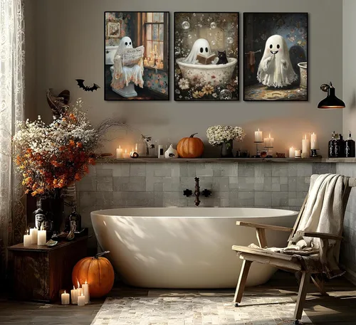 Miniatura 2 de 3 pósteres de fantasmas de Halloween, arte de pared, fantasmas de terror y gato negro en el baño, decoración de pared, imágenes góticas oscuras