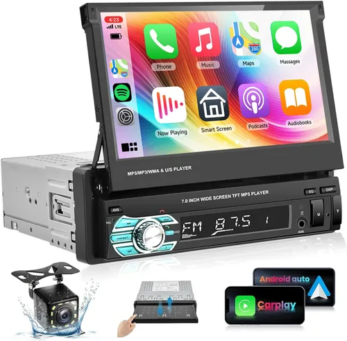 Radio estéreo para automóvil con AppIe Carplay Android Auto Airplay MirrorLink, podofo 7 pulgadas 1080P Flip Out Car Radio Bluetooth FM Radio HD