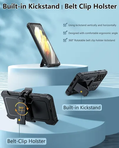 Miniatura 5 de FNTCASE Funda para Samsung Galaxy S21-Ultra: Funda protectora militar a prueba de golpes con funda de clip para cinturón y soporte, a prueba de Negro