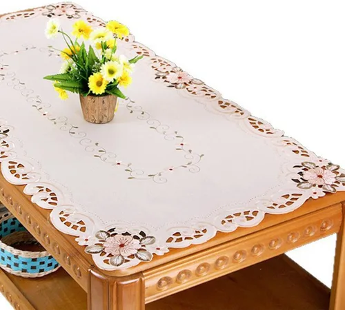 Miniatura 10 de Juego de 4 manteles individuales bordados con flores rosas, 17 x 11 pulgadas, rectangulares, clásicos, de encaje, beige, decoración del hogar