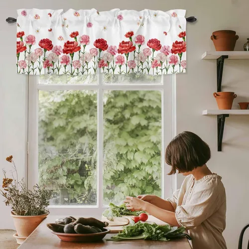 Miniatura 3 de Cenefa floral para ventanas, cortinas de clavel rojo y rosa, cenefas con bolsillo para barra, cenefa de ventana para primavera, vacaciones, día