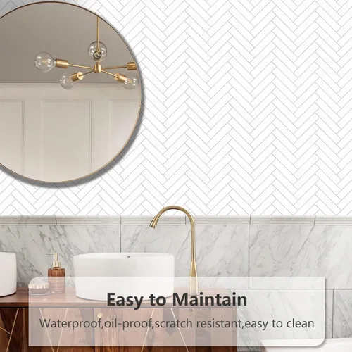 Miniatura 6 de Vamos Tile Azulejo Blanco Brillante de Dolomita Despegar y Pegar para Salpicaderas - 10 Hojas Azulejos de PVC Autoadhesivos en Espiga para Pegar