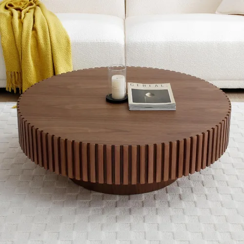 Miniatura 9 de Mesa de centro redonda con almacenamiento, moderna mesa de centro de madera con chapeado de madera maciza, mesa central circular mesa de té de 31.5