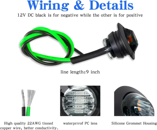 Miniatura 4 de juego de 10 luces LED selladas impermeables mini redondas de 3/4 pulgadas ahumadas verdes, luces LED de gálibo delanteras, traseras y laterales