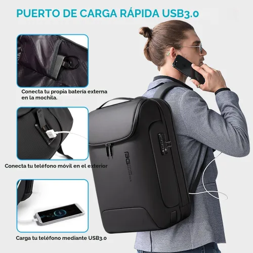 Miniatura 7 de BANGE Mochila antirrobo con puerto de carga USB, mochila de negocios ligera para hombres y mujeres.., Negro, Computadora portátil