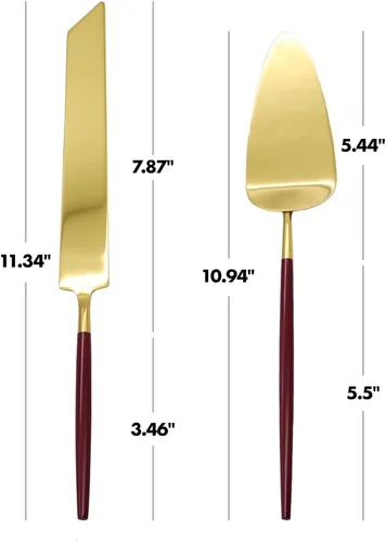 Miniatura 3 de Koyal Wholesale Juego de cuchillo y servidor para pastel de boda burdeos, cortador de pasteles y servidor con mango dorado para novia y novio, juego