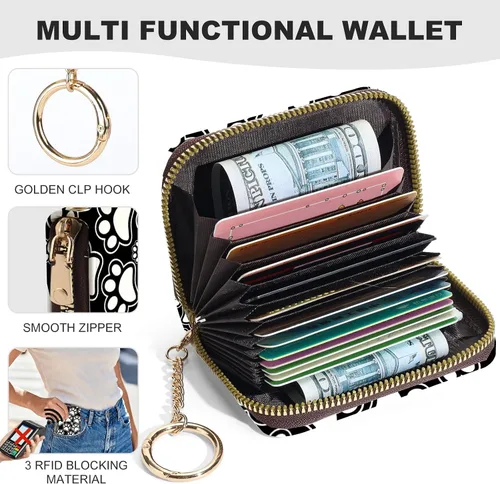 Miniatura 3 de Tarjetero de crédito para mujer, pequeña cartera RFID con cierre de llavero, bonita cartera de piel sintética, Huellas de patas en blanco y negro