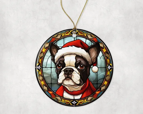 Miniatura 3 de Boston Terrier - Adorno de cerámica de vitral de Navidad, adorno colgante para árbol de Navidad, adorno de vitral de perro, adorno religioso