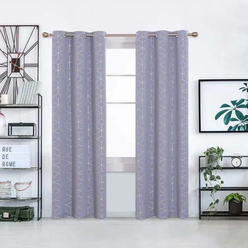 Miniatura 29 de Deconovo Cortinas opacas, aislamiento térmico y reducción de ruido, estampado de lámina de diamante – ojales en la parte superior, 2 paneles, Negro