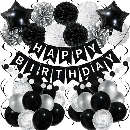 Miniatura 20 de Decoraciones de cumpleaños negro y rojo – Cartel de feliz cumpleaños para niños, niñas, hombres y mujeres, suministros de fiesta