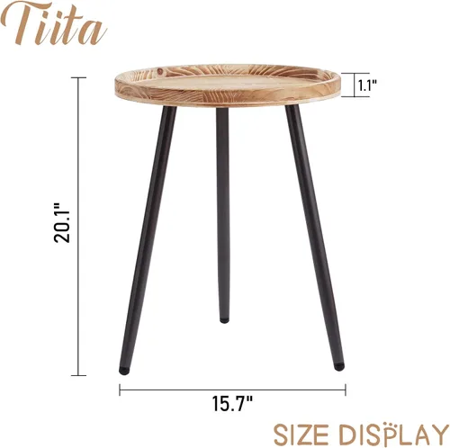 Miniatura 3 de Tiita Mesa auxiliar redonda mental, mesita de noche, mesas pequeñas de madera, mesa de centro con bandeja de madera para sala de estar, dormitorio