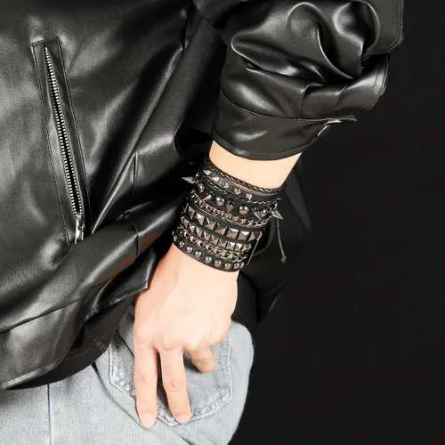 Miniatura 4 de Eigso Pulseras de cuero punk rock para hombres y mujeres, estilo retro, vintage, cadena de los años 80, para hombre y mujer