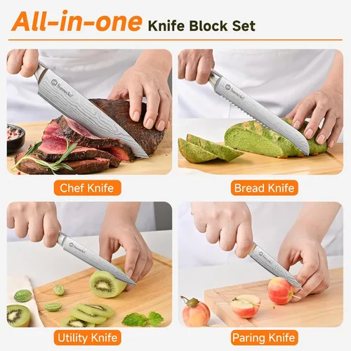 Miniatura 6 de Sunnecko Juego de cuchillos con bloque y afilador, juego de bloque de cuchillos de cocina de 15 piezas, cuchillos de cocina afilados, acero Blanco