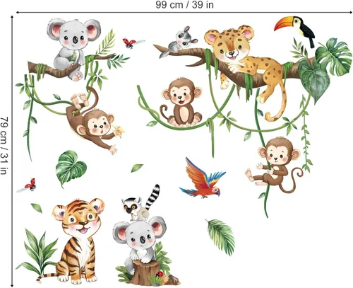 Miniatura 5 de decalmile Calcomanías de pared de rama de árbol de animales de selva, safari animal, mono, koala, calcomanías de pared para bebé, guardería