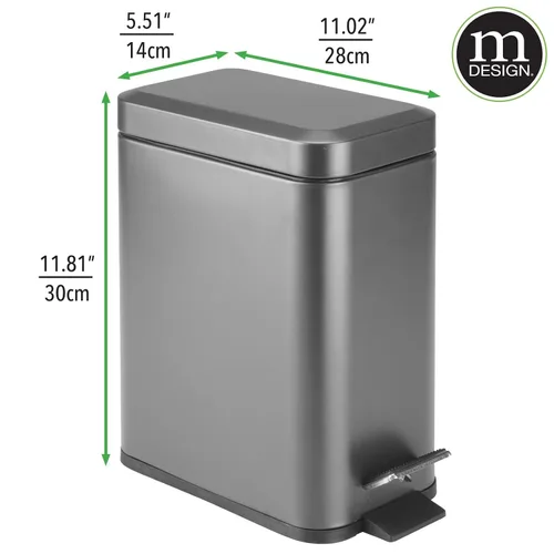 Miniatura 4 de mDesign Pequeño y moderno cubo de basura rectangular de metal con tapa y pedal de 1.3 galones, compacto, con cubo interior extraíble con asa