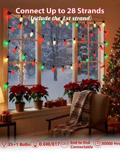 Miniatura 3 de Luces LED de Navidad rojas, verdes y blancas, 25 pies, impermeables, C9, multicolor, luces de Navidad al aire libre con 26 bombillas inastillables