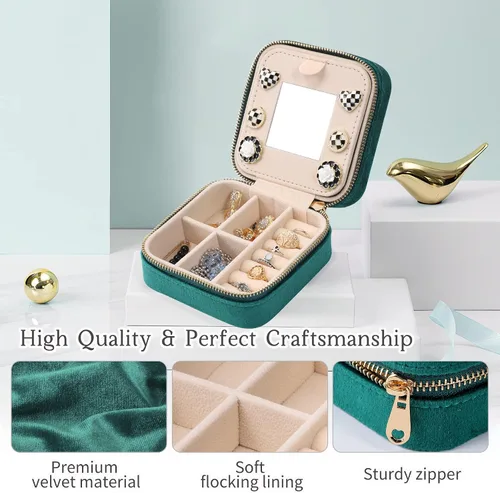 Miniatura 5 de Dajasan Joyero de viaje de terciopelo, mini estuche de joyería de viaje, pequeño organizador de joyas de viaje portátil con espejo para mujeres
