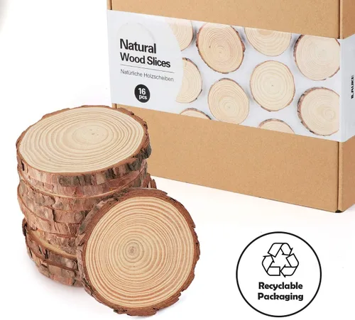 Miniatura 3 de ilauke Rebanadas de madera para manualidades de 3.5 a 4 pulgadas, manualidades de madera sin terminar, 16 piezas de madera natural con corteza