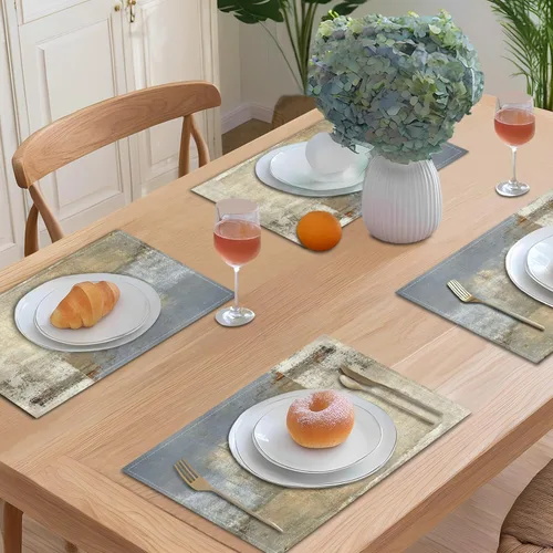 Miniatura 2 de Beige Grey Placemats Place Mats Set of 4 Modern Abstract Art Kitchen Table Mats - Washable Wipeable Linen Cloth Heat Resistant Dining Placemats for