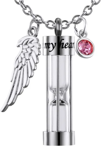 Miniatura 7 de PREKIAR Collar de urna de cremación para cenizas en forma de reloj de arena con dije de recuerdo 12 piedras de nacimiento y un ala de ángel