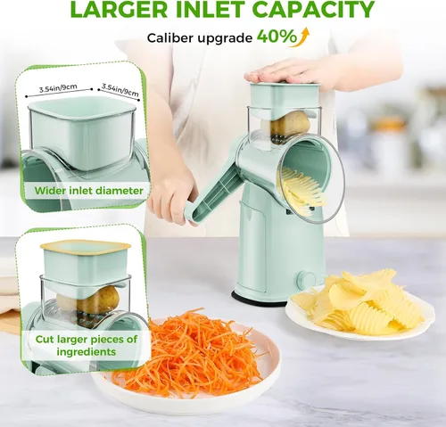 Miniatura 4 de Rallador de queso giratorio 7 en 1 mejorado con asa, triturador de verduras con ranura de almacenamiento incorporada, 5 cuchillas versátiles, base