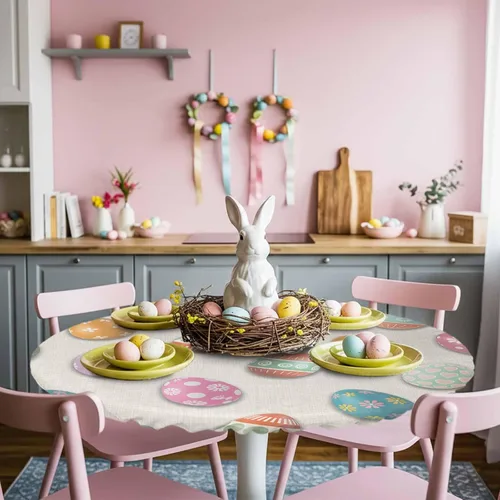 Miniatura 6 de Mantel redondo ajustable con diseño de huevos de Pascua de 36 a 44 pulgadas, bonito mantel colorido con borde elástico, manteles impermeables a
