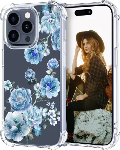 Miniatura 73 de Hungo Funda compatible con iPhone 15 Plus para mujer, diseño floral transparente, lindo, flor azul rosa Rosas Azules