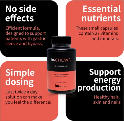 Miniatura 3 de BNHealthy Mastica multivitamínico bariátrico con hierro, masticable diario con B12, D3, folato y zinc, sabor a frambuesa, diseñado para adultos