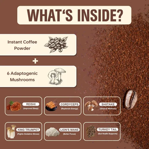 Miniatura 5 de Café de hongos, café instantáneo de hongos en polvo con 6 hongos adaptogénicos (Cordyceps, melena de león, shiitake, cola de pavo) y aceite MCT