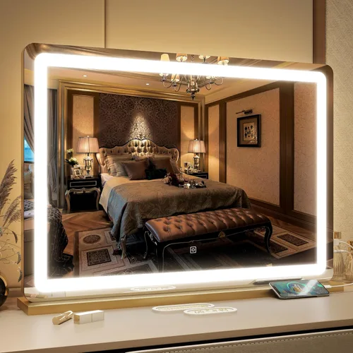 Miniatura 16 de FENNIO - Espejo de tocador con luces, espejo de maquillaje iluminado LED, pantalla táctil con 3 modos de iluminación, regulable, para mesa