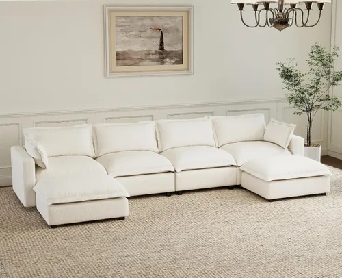 Miniatura 15 de chairus Sofá modular modular de 97 pulgadas con asiento profundo otomano movible, juego de sofá de lino con almohadas suaves en forma de L para sala