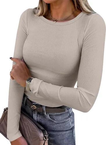 Miniatura 36 de ANRABESS - Camisetas de manga larga para mujer, de punto acanalado, ajustadas, básicas, 2025, informales, para usar a capas o debajo del uniforme