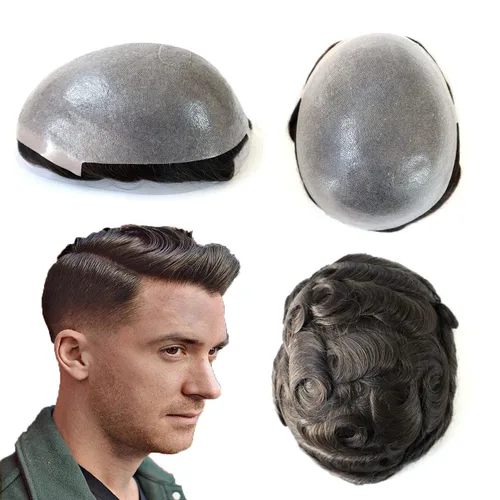 Miniatura 10 de Natural Mens sistema de reemplazo de cabello humano real caballeros humano negro hairpieces piel fina polivinílica V Looped Mens Toupee Unit #1B
