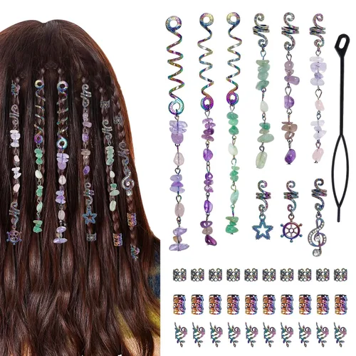 Miniatura 11 de hoyuwak - 40 accesorios para el cabello con piedra de cristal de color natural, dijes metálicos para el cabello, espirales de rastas plateadas