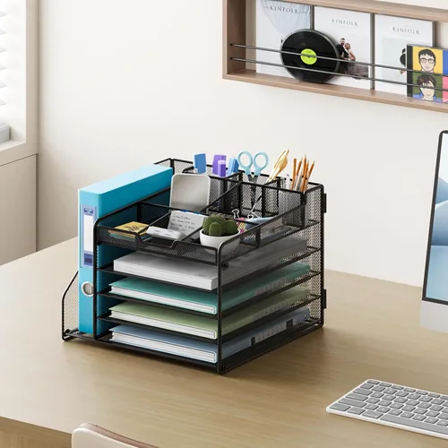 Miniatura 5 de Lavatino Organizador de escritorio, bandeja de papel de malla metálica de 5 niveles con 1 soporte para archivos y 7 divisores flexibles para Negro