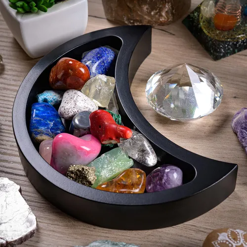 Miniatura 4 de Bandeja de luna creciente – Muestra tus gemas, piedras curativas y tesoros – Bandeja de exhibición de cristal de madera de 6 x 3 pulgadas, soporte