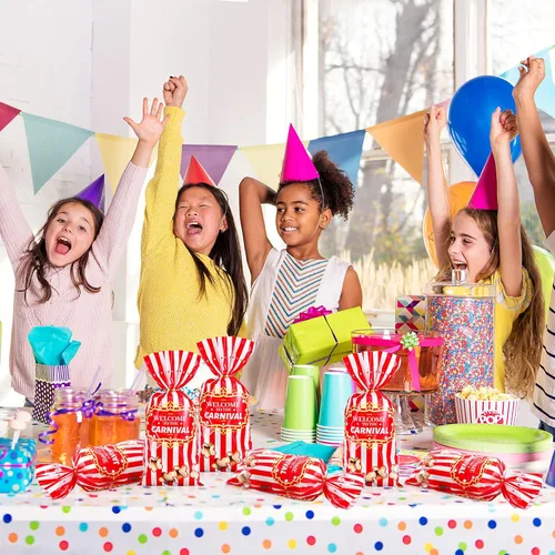 Miniatura 6 de Epakh Paquete de 200 bolsas de dulces de carnaval, con temática de circo, bolsas de plástico para fiestas con patrón de palomitas de maíz y lazos