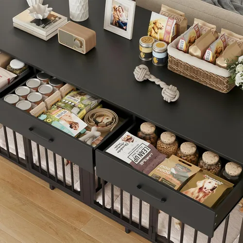 Miniatura 5 de HOSTACK Mueble doble para perros, perrera de 71 pulgadas de ancho para interiores con 3 cajones, jaula de granja para perros para 2 perros Negro