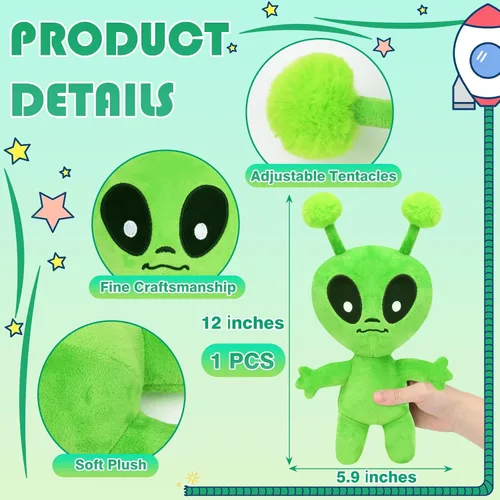 Miniatura 2 de Juguete de peluche alienígena de 12 pulgadas, color verde, suave, para decoración de cumpleaños, hogar, habitación, regalo divertido para niños