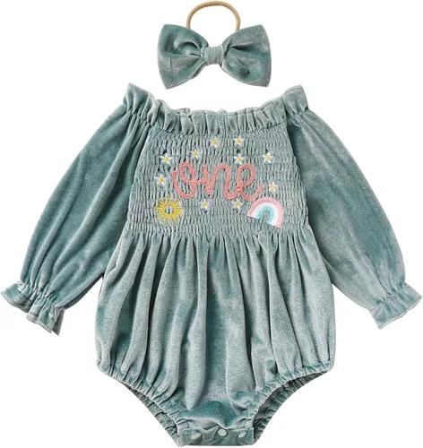 Miniatura 36 de GRNSHTS Ropa de primer cumpleaños para niña de terciopelo de un año de edad, mameluco de manga larga + diadema, 2 piezas de trajes de pastel