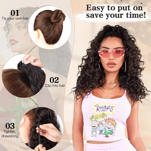 Miniatura 6 de FREEMEIGE Extensión de Cola de Caballo Rizada con Cordón de 20 Pulgadas, Extensiones de Cabello Ondulado con Cordón, Extensiones de Cola de Caballo