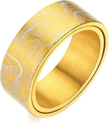 Miniatura 11 de Anillo de patrón de placa de circuito de computadora de 0.315 in negro/plata/azul/oro - Spinner Fidget Alivio de la ansiedad Anillo de acero